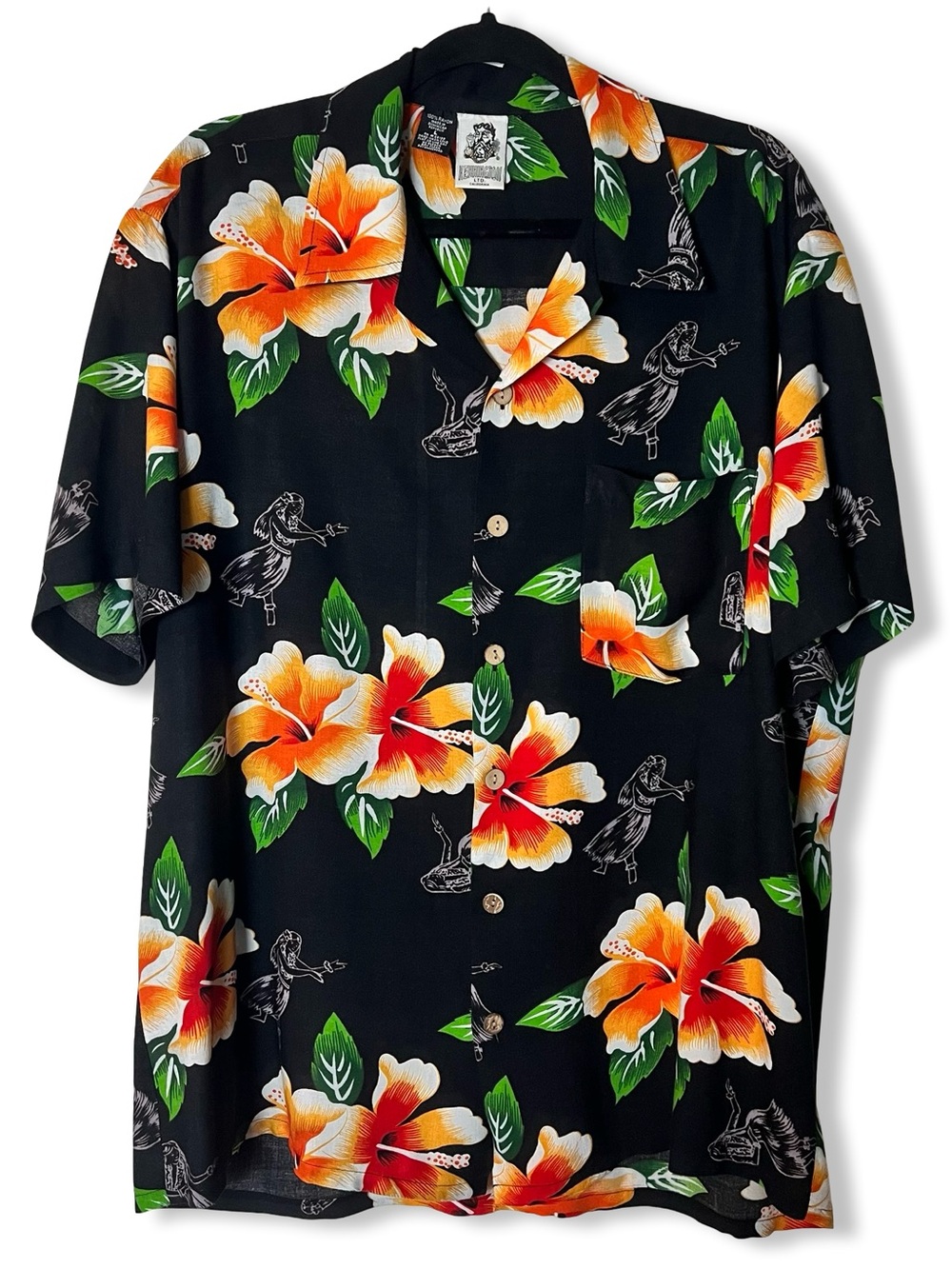 Kennington Ltd Mens VTG 90s Hawaiian Shirt Black Hibiscus Hula Girl Rayon Sz. L